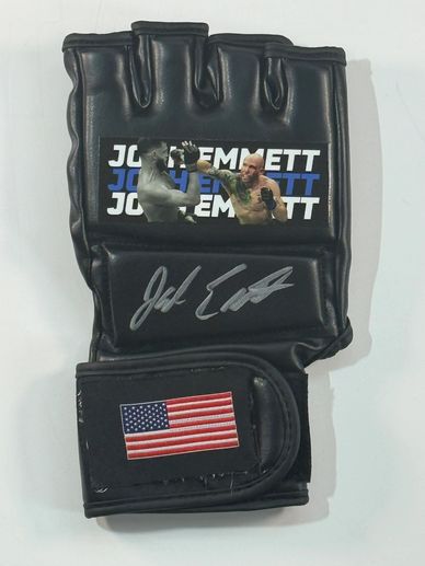 Signed MMA glove with American flag and fighters graphic.