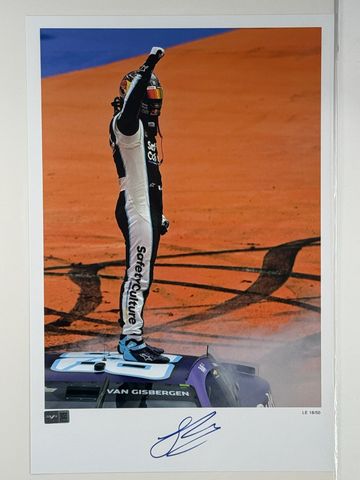 Race car driver celebrating on car roof.