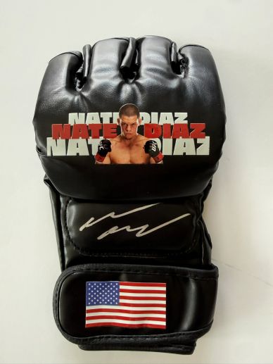 Signed black MMA glove with Nate Diaz and U.S. flag.