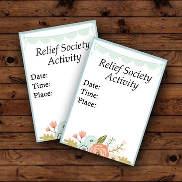 Two floral-themed Relief Society Activity flyers on a wooden table.