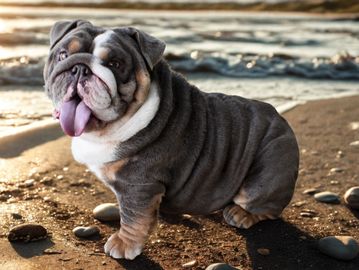 French Bull dog pet portrait on the shore with the sun behind him.