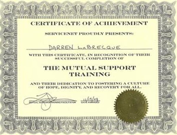 <p>Peer Support certificate for Darren LaBrecque</p>