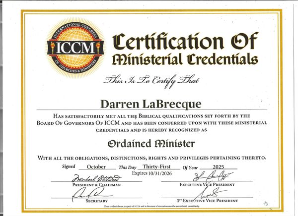 <p>ICCM Ordination Certificate</p>