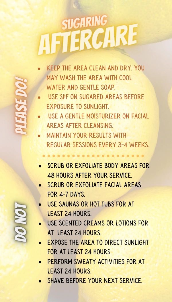 A graphic with text offering do's and don'ts of aftercare post sugaring hair removal