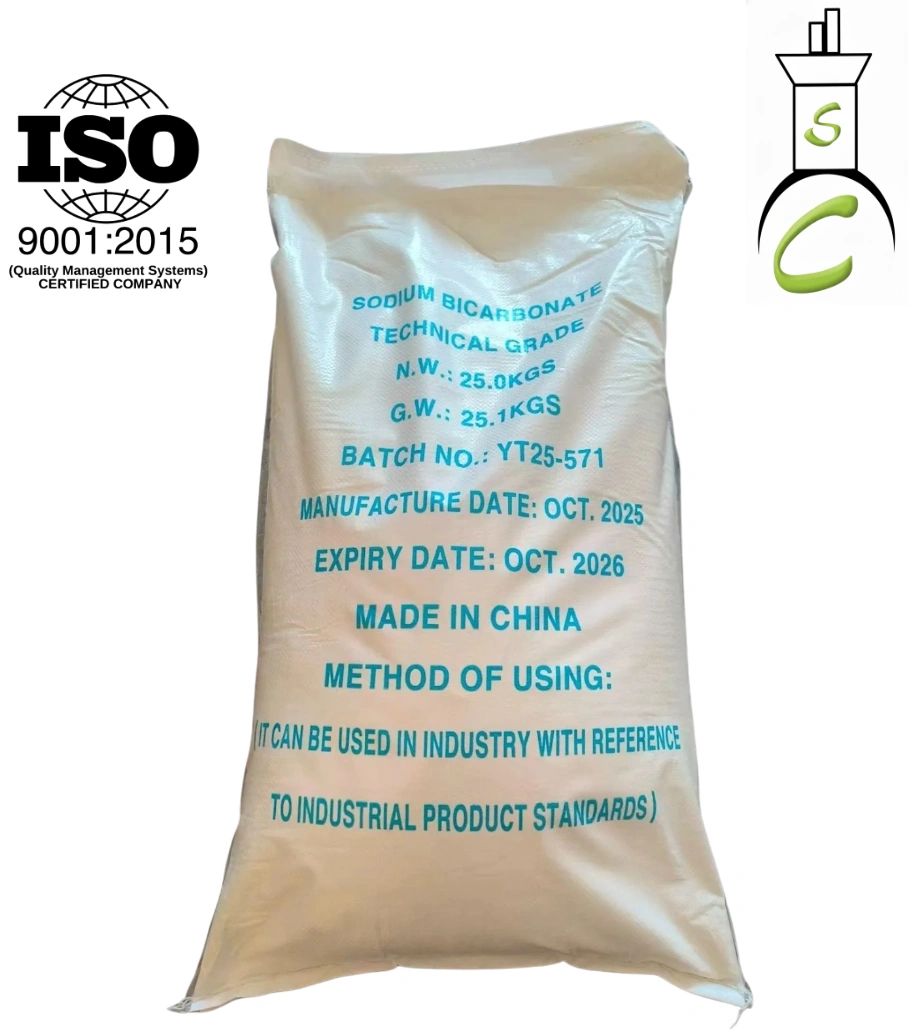 A large bag of sodium bicarbonate with manufacturing and expiry dates, certified ISO 9001:2015.