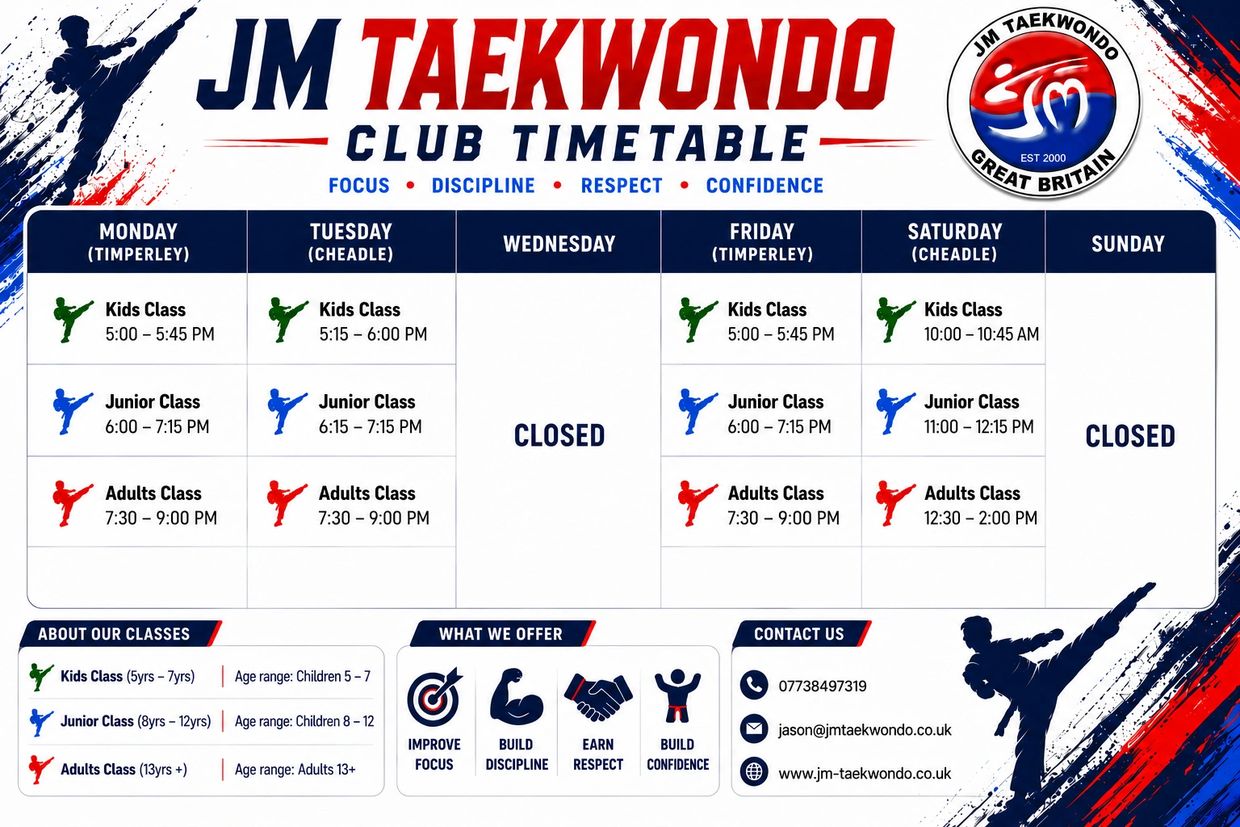 JM Taekwondo club timetable with class schedules and contact info.