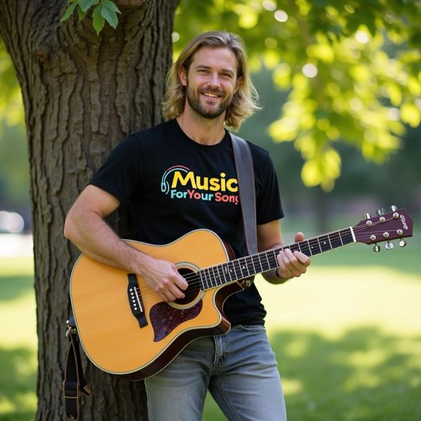 Man playing guitar outdoors, smiling.