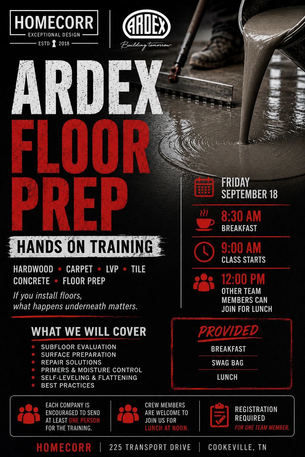 Advertisement for ARDEX floor preparation hands-on training event.