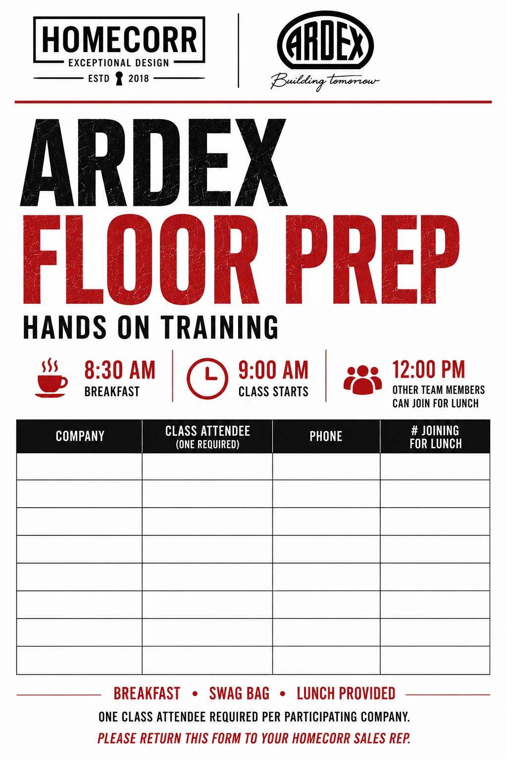 Sign-up sheet for Ardex Floor Prep hands-on training with schedule and lunch details.
