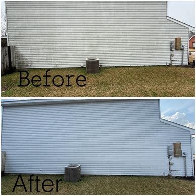 Before and after house siding cleaning showing dramatic difference.