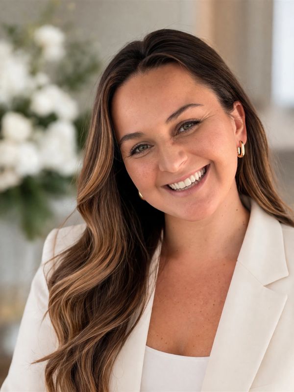 Smiling woman with long hair wearing a white blazer.
