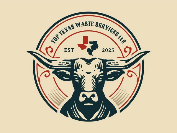 Logo for Top Texas Waste Services LLC featuring a bull and Texas map.