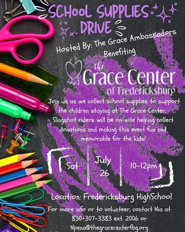 School supplies drive flyer for Grace Center of Fredericksburg event.