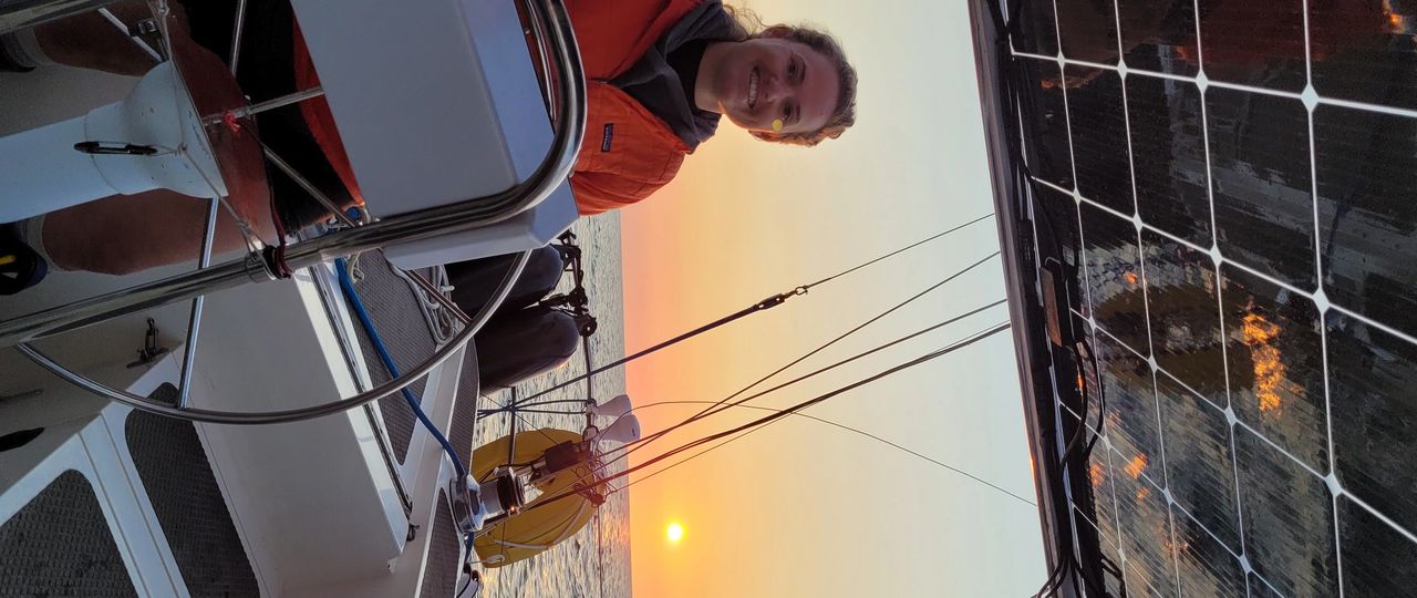 The bifacial LG Neon2 solar panels harvest rays from both sides, maximising energy yield. They benefit hugley from glare and reflections off the deck and the sea. The bifacial LG Neon2 solar panels harvest rays from both sides, maximising energy yield. They benefit hugley from glare and reflections off the deck and the sea.