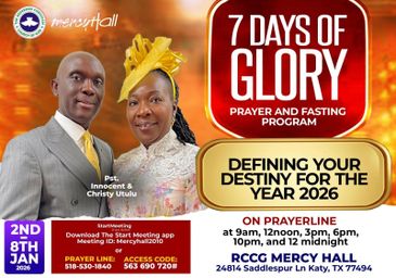 Pastor and lady promoting a 7-day prayer and fasting program at RCCG Mercy Hall.