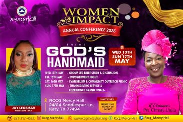 Promotional banner for Women of Impact Annual Conference 2026 themed 'God's Handmaid'.