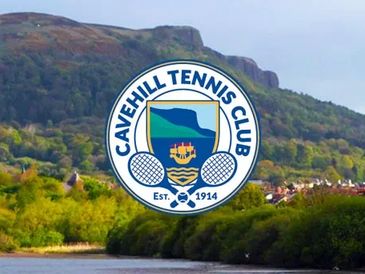 Cavehill Tennis Club logo over scenic mountain and river landscape.