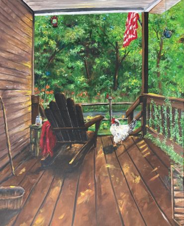 A cozy porch with a rocking chair, a rooster, and greenery outside.