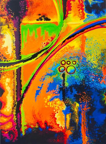 Vibrant abstract painting with bright orange, blue, green, and yellow hues blending dynamically by Tucson artist Ralph L. Brown III.