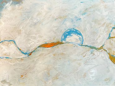 Abstract textured painting with blue, orange, and gold accents on a pale background by Tucson artist Ralph L. Brown III