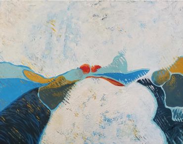 Abstract painting with textured white, blue, and orange colors by Tucson artist Ralph L. Brown III.