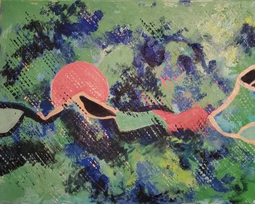 Abstract painting with green, blue, and pink shapes and textured patterns by Tucson artist Ralph L. Brown III.
