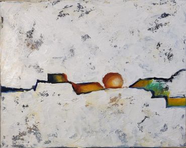 Abstract painting with textured white background and colorful geometric shapes by Tucson artist Ralph L. Brown III.