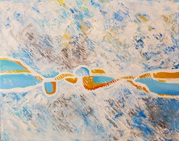 Abstract painting with blue, white, and orange textures and patterns by Tucson artist Ralph L. Brown III.