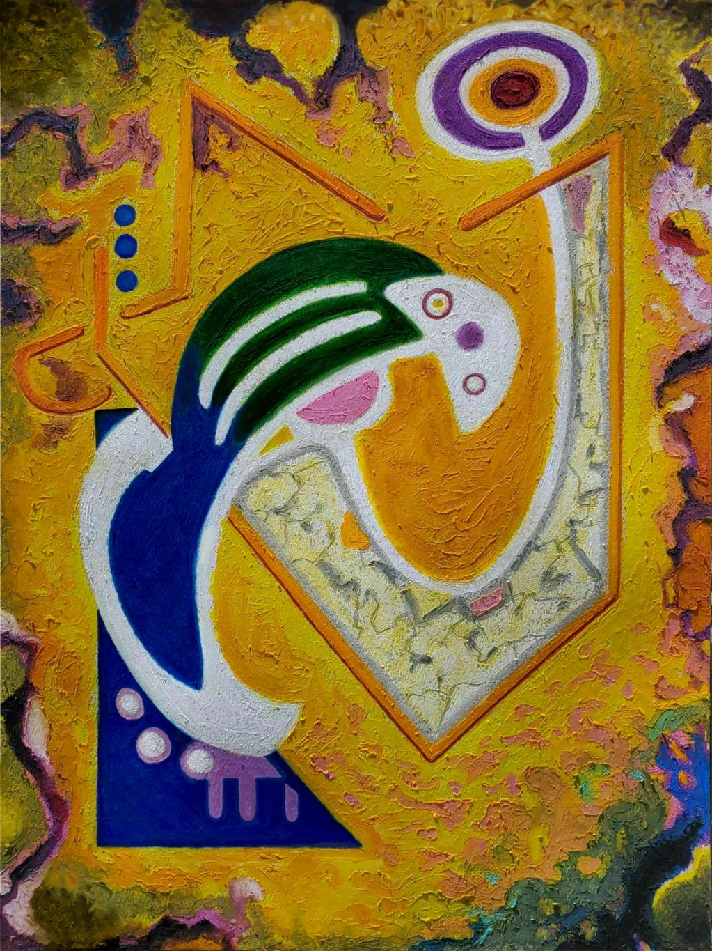 An abstract oil pastel work featuring a radiant yellow field textured with rough, organic surfaces.