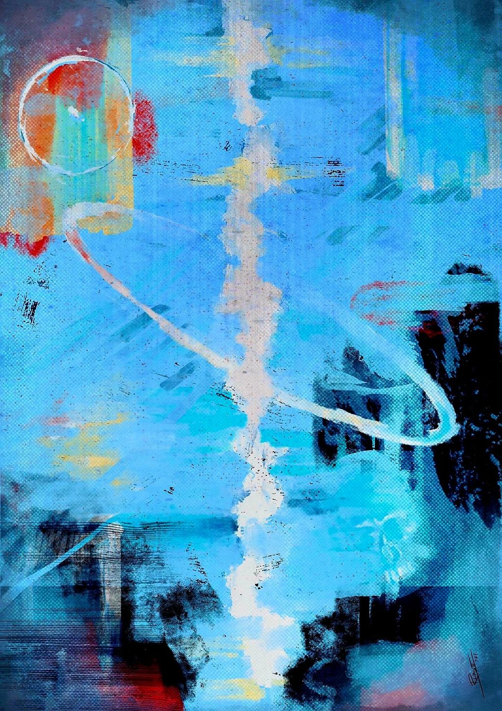 Vibrant abstract painting with blues, reds, and textured white streaks.
