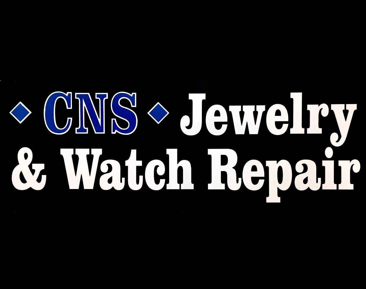 Sign for CNS Jewelry &amp; Watch Repair in bold white and blue text on black background.