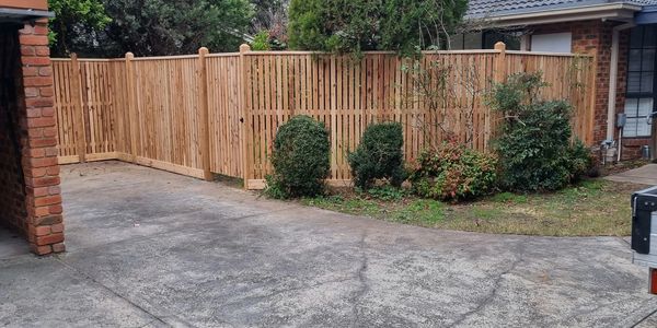 New wooden fence with a gate enclosing a garden beside a driveway.