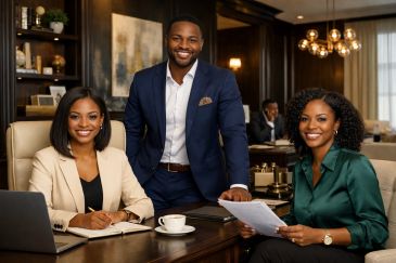 Three professionals smiling in an office setting.