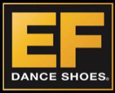 Logo of EF Dance Shoes in bold yellow and white on black background.