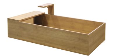 Rectangular wooden sink with integrated faucet.
