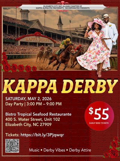 Kappa Derby event poster featuring horse racing and stylishly dressed couple.