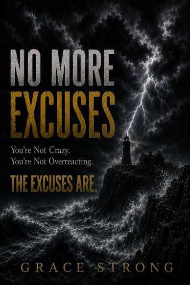 Inspirational message about excuses amid a stormy sea and lighthouse.