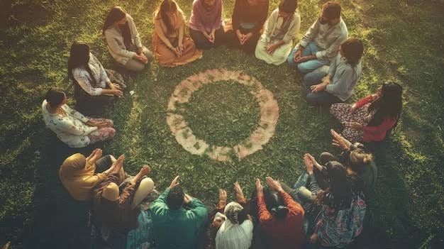 Group of people sitting in a circle on grass around a marked ring.