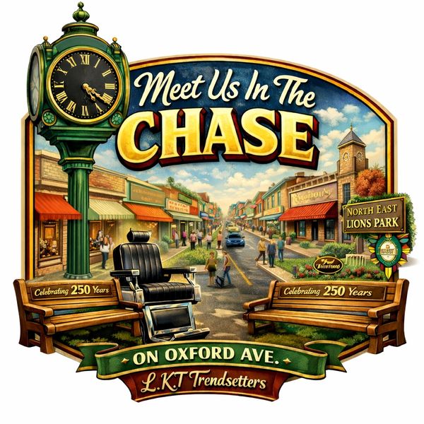 Vintage street scene inviting to meet at The Chase on Oxford Ave, celebrating 250 years.