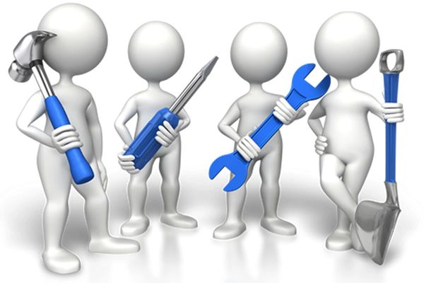 Four white 3D figures holding large blue tools: hammer, screwdriver, wrench, and shovel.