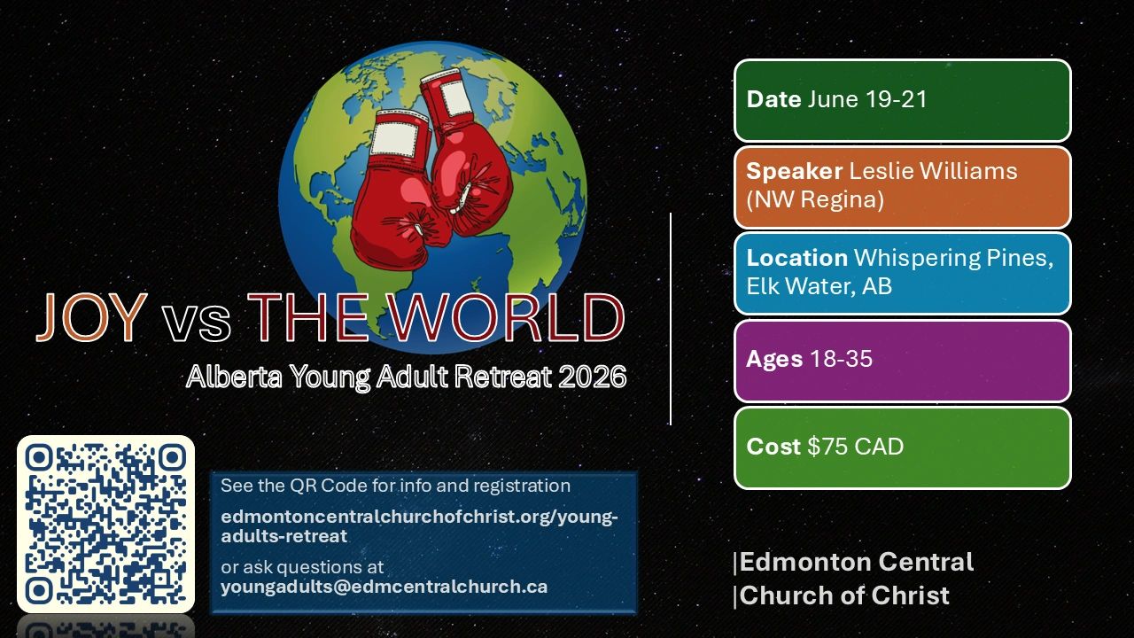 Poster for Alberta Young Adult Retreat 2026 titled 'Joy vs The World' with event details and QR code.