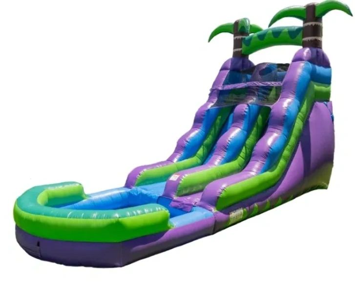 purple, blue and green, water slide, with safety ladder