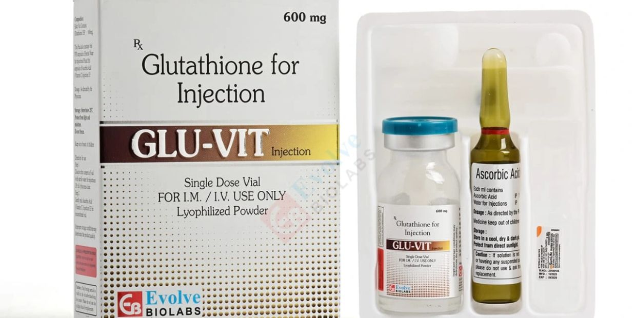 Glutathione injection vial and ascorbic acid ampoule in a medical package.