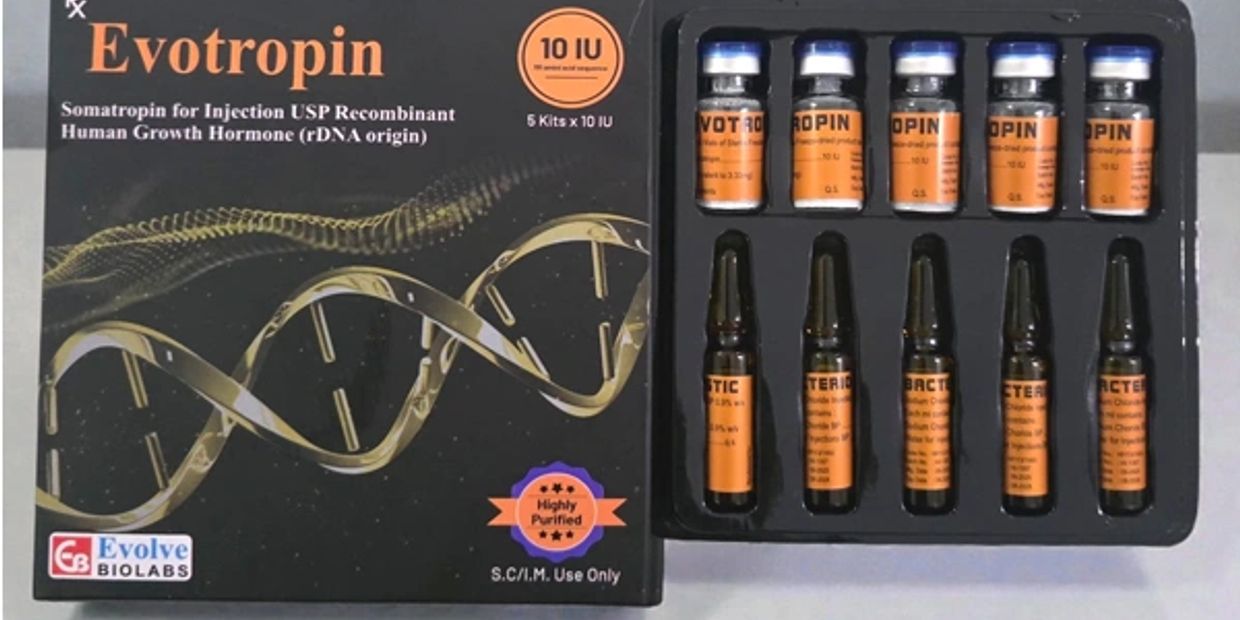 Evotropin human growth hormone injection kit with vials and ampoules.