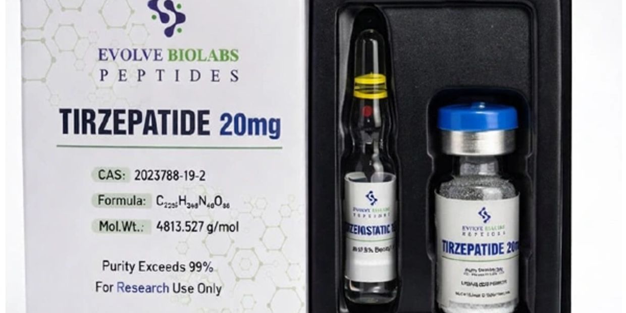 Tirzepatide 20mg peptide product by Evolve Biolabs for research use.