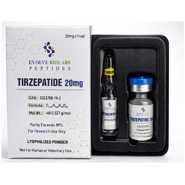 Boxed Tirzepatide 20mg peptide powder and vial for research use.