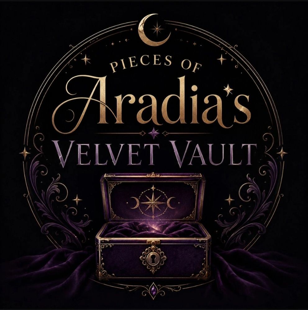Elegant logo for Pieces of Aradia's Velvet Vault with mystical chest and celestial motifs.