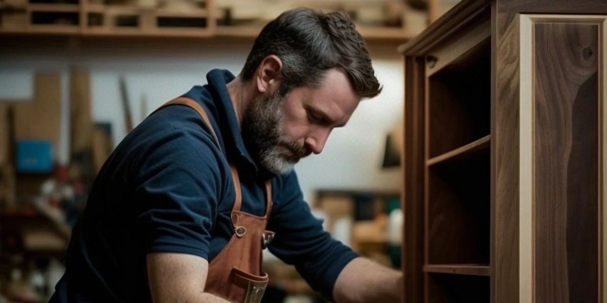 Middle aged man, brown hair. Wearing a carpenter's apron, and working on a bookcase