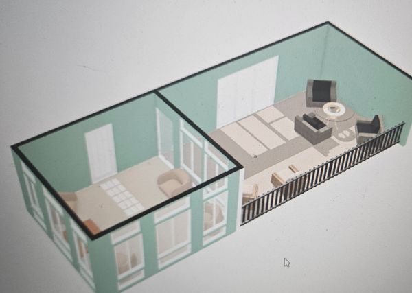3D model of two adjacent rooms with furniture and a balcony with chairs.