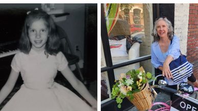 Photo collage showing Carol as a child in a ballerina dress, and as an adult trying out an arabesque